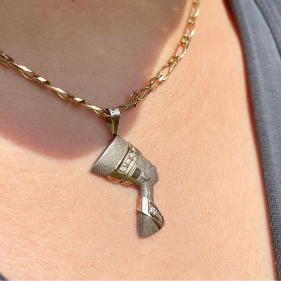 Vintage Unique Carved Pyrite 14k Gold CZ Nefertiti Pendant/Charm - Picture 12 of 14